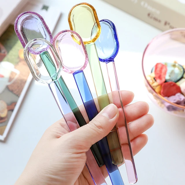 Colored Transparent Glass Spoon Long Handle Heat-resistant Cute