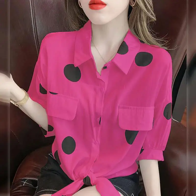 Fashion Bandage Printed Polka Dot Lapel Spliced Pockets Button Loose Puff Sleeve Shirt Summer Commute Tops Casual Women's Blouse