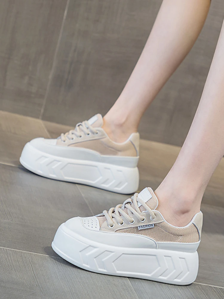 8cm Air Leather Chunky Sneakers with Thick-Soled Platform - true deals club