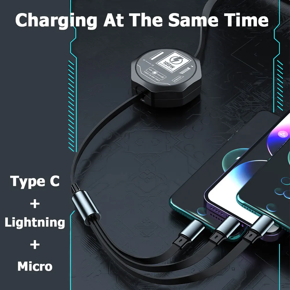 100w 3-in-1 Fast Charging Cable Type C Micro USB Cord for iPhone Xiaomi Samsung Huawei Phone Charger Wire Extendable Line Tablet