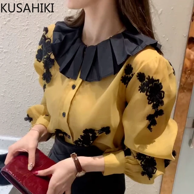 New Spring Autumn 2 Piece Outfits Women Formal Vintage Tops Shirt Blouse  High Waist Wide Leg