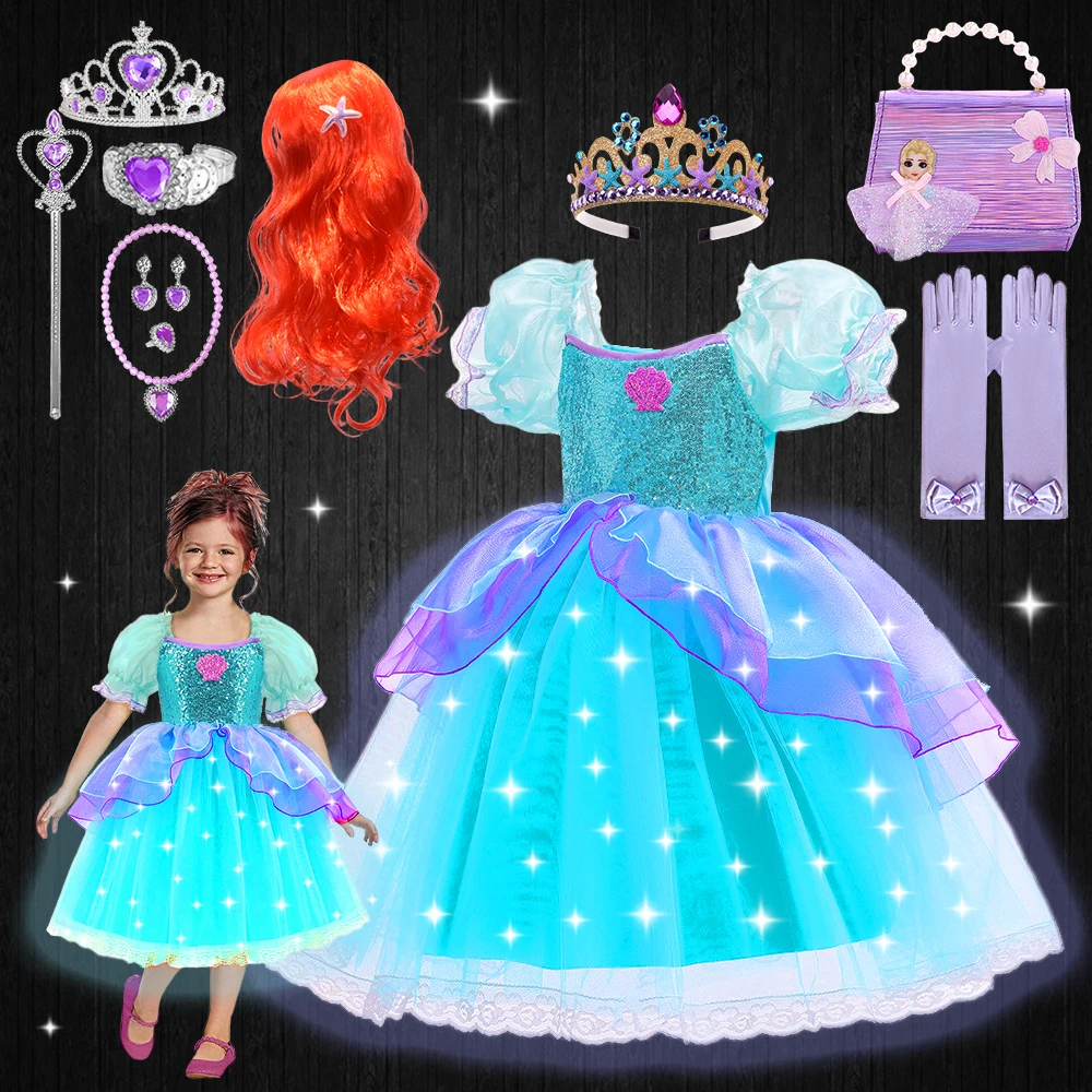 

2023 New Movies Little Mermaid Girls Princess Ariel Dress LED Light Green Tulle Fluffy Dresses Halloween Luminous Fairy Costume