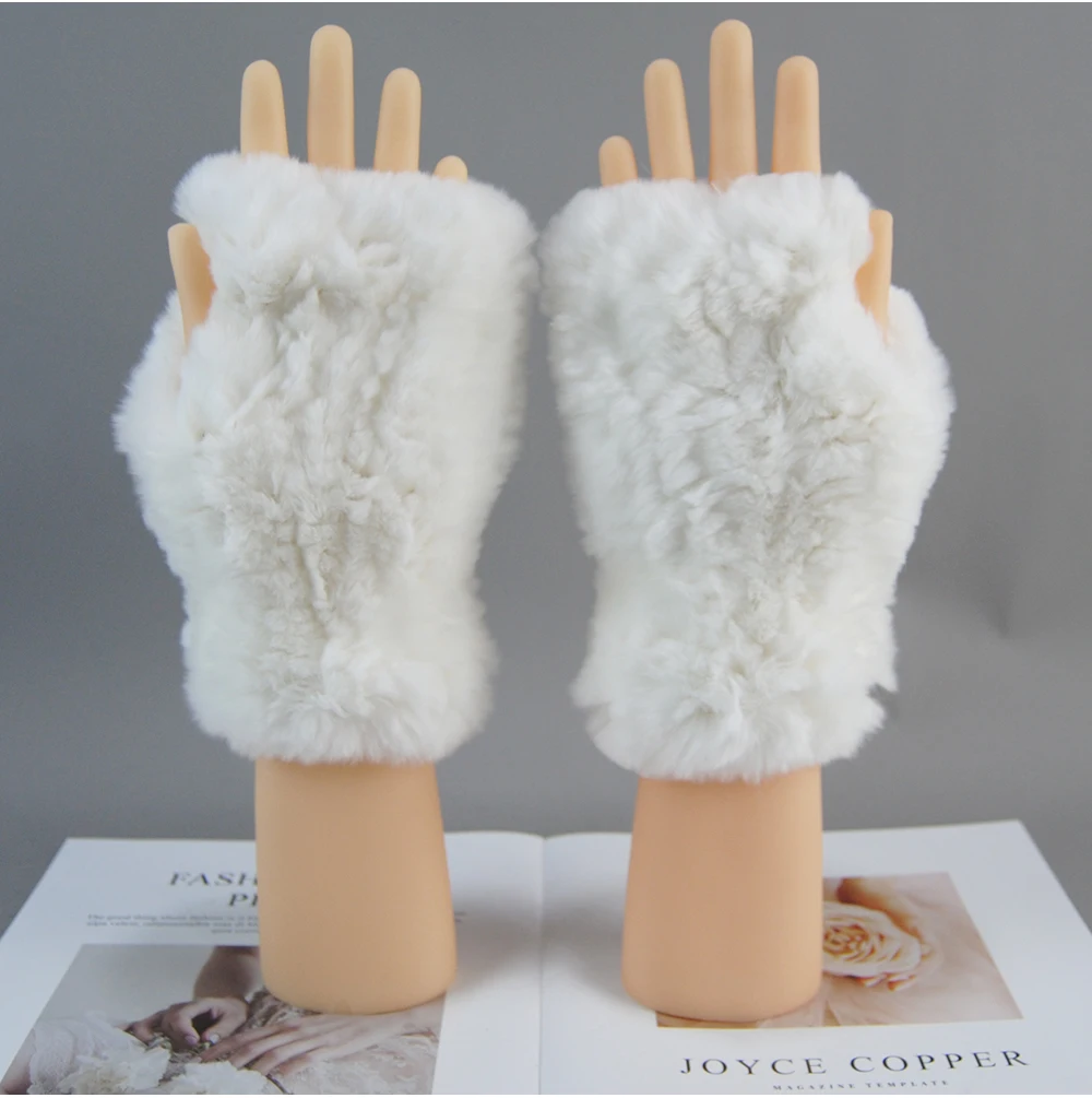 2026 New Fashion Real Rex Rabbit Fur Gloves Women Winter Genuine Fur Mittens Girl Fingerless Gloves Wrist Warmer Elastic Fluffy