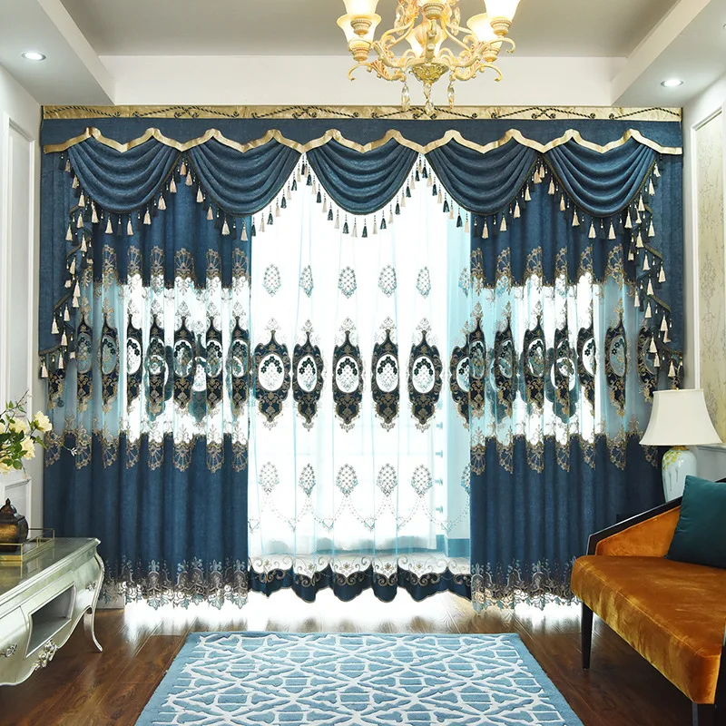 

Custom curtains European luxury livingroom chenille Nordic thick blue embroidery cloth blackout curtain tulle valance drape C954