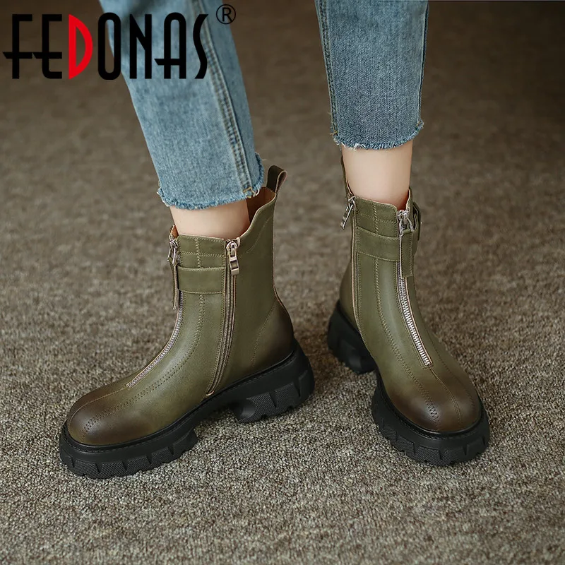 

FEDONAS Autumn Winter Women Genuine Leather Ankle Boots Thick Heels Platform Side Zipper Round Toe Casual Outdoor Shoes Woman