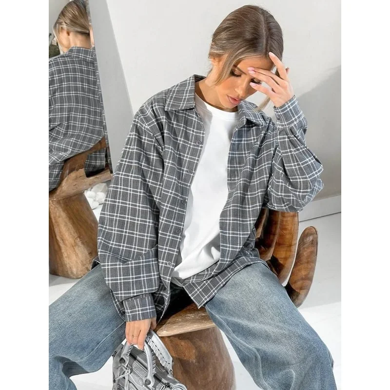 Women's plus Size Long Sve irt Blouse Plaid Design Casual Faionable Office Wear Resistant to Deformation