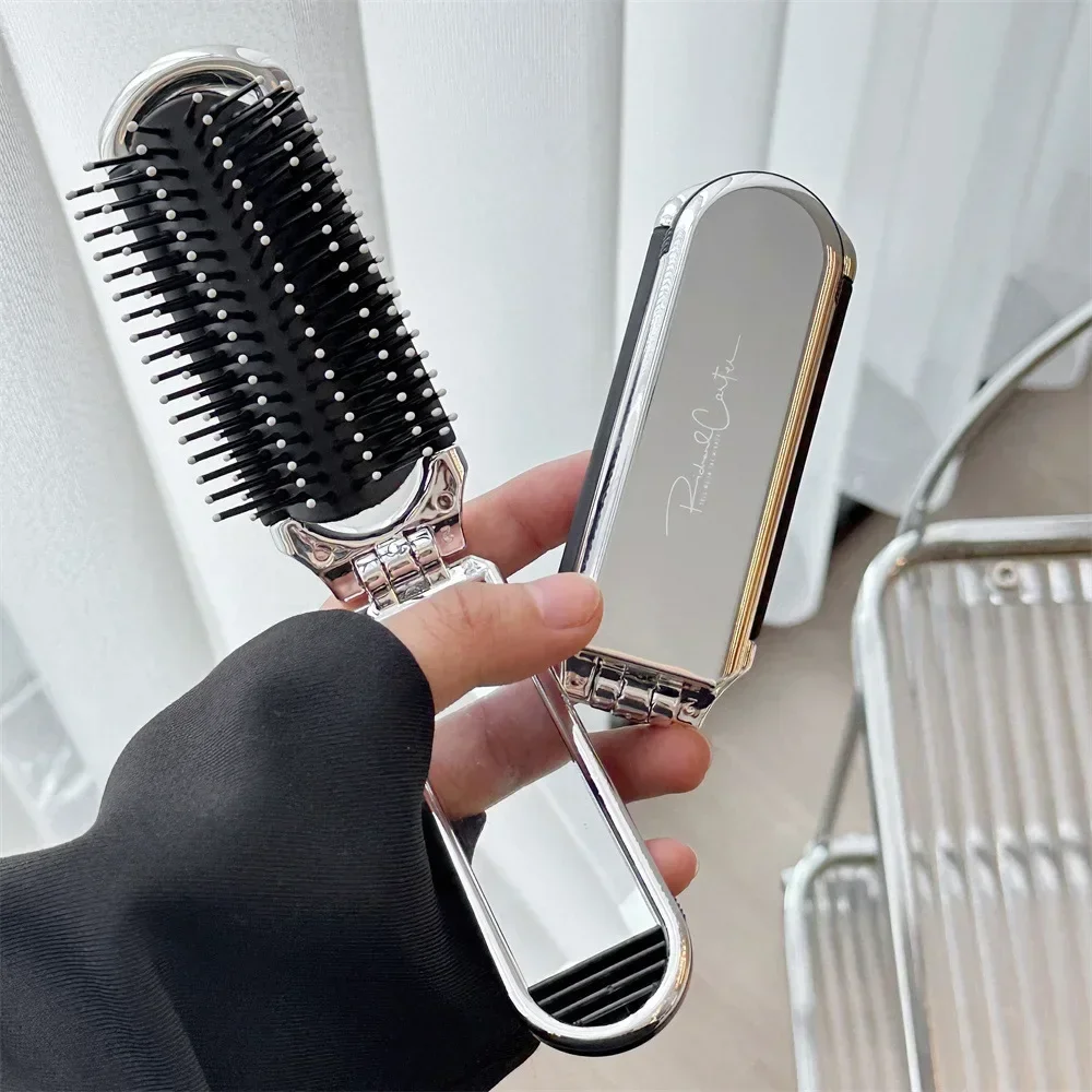 Simplicity Hair Brush with Mirrors Women Girl Fashion Sliver Color Bow Air Cushion Comb Portable Travel Hair Comb