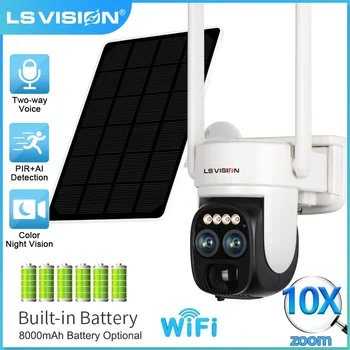LS VISION 2K 와이파이 태양광 카메라, 야외 듀얼 렌즈, 10X 광학 줌, 양방향 오디오, 컬러 나이트 비전 보안 캠, 내장 배터리
