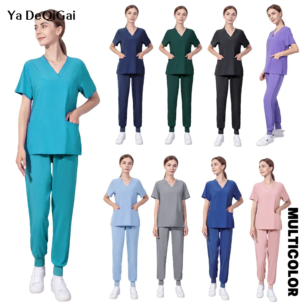 

Operating Room Uniforms Women Scrubs Clothes Sleeve V-neck Workers T-shirt Tops Summer Uniformes Medical Accessories