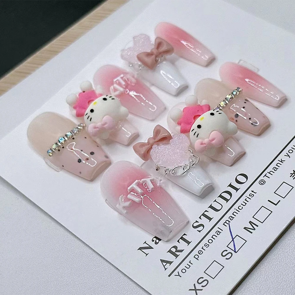 Hello Kitty Wearing Nail French Kt Pink Diamond BallSpicy Girls Sweet Pure Handmade Phototherapy NailPatch Women Accessories