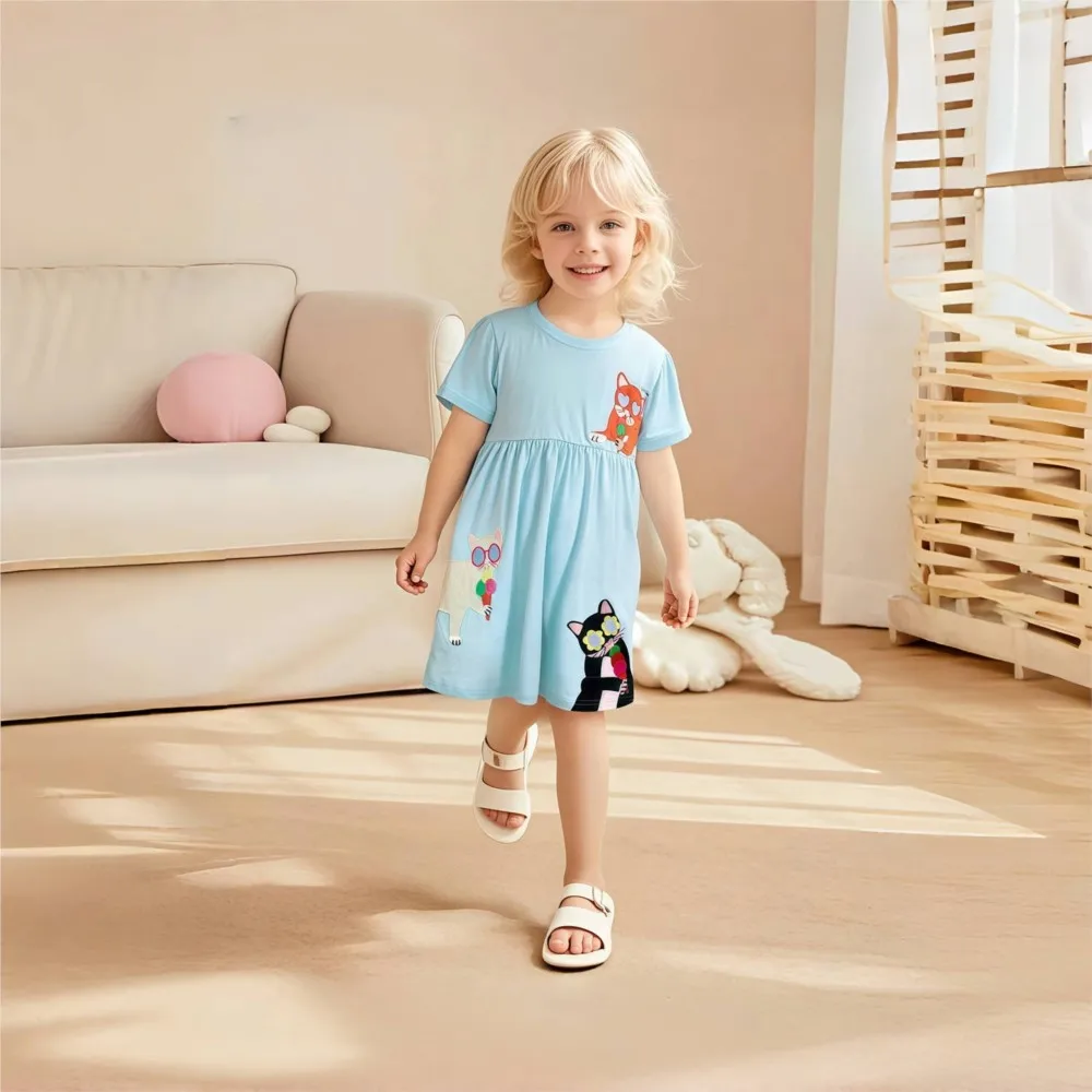 2025 New Summer Children's Clothing Kids Clothes Cartoon Cats Party Dresses Holiday Cotton Casual Vestidos  Gifts
