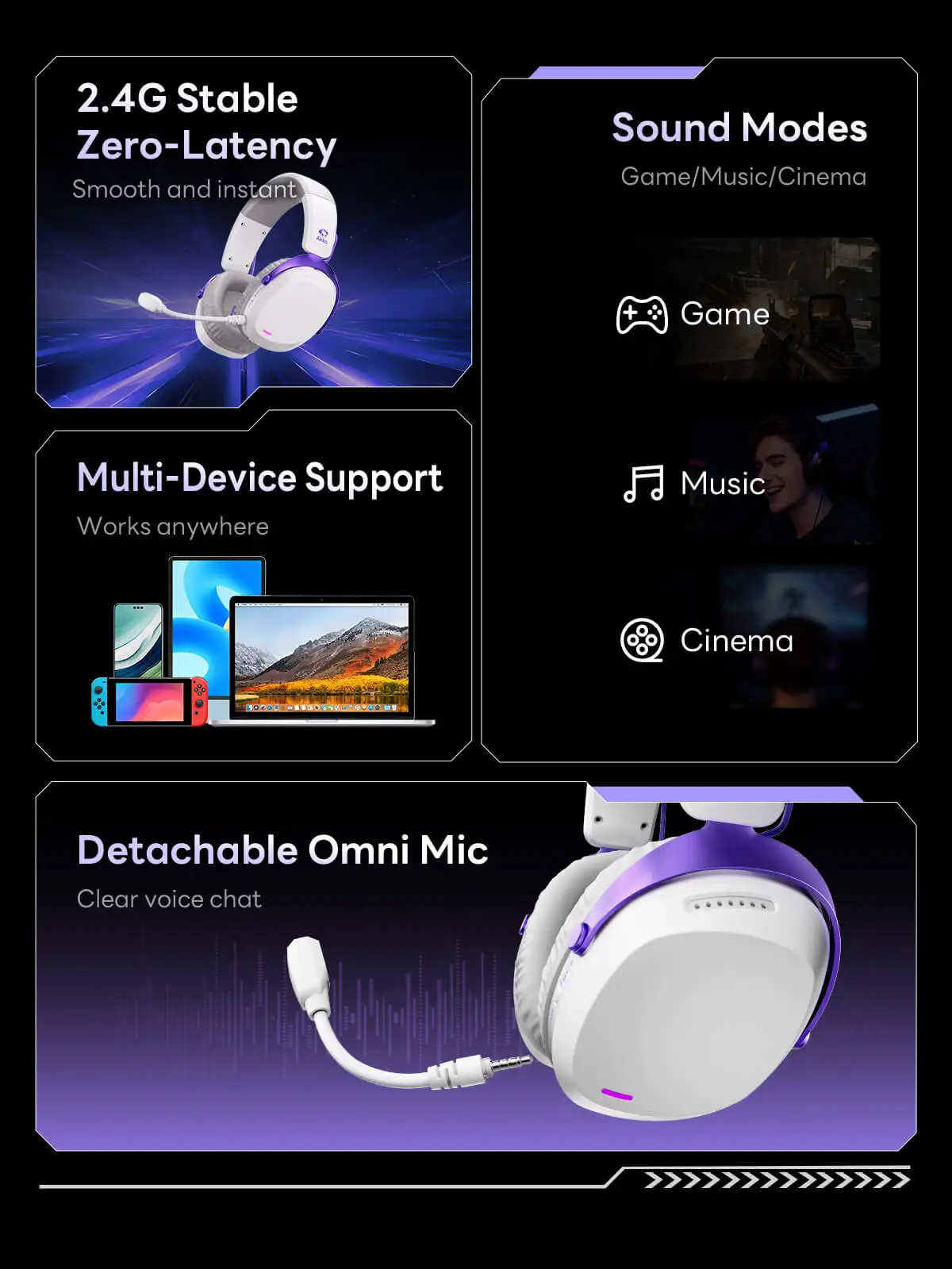 Akko GH300 Gaming Wireless Headphone with Mic Over-Ear Headset 7.1 Virtual Surround Sound Quad-Mode Head-mounted for Music Game