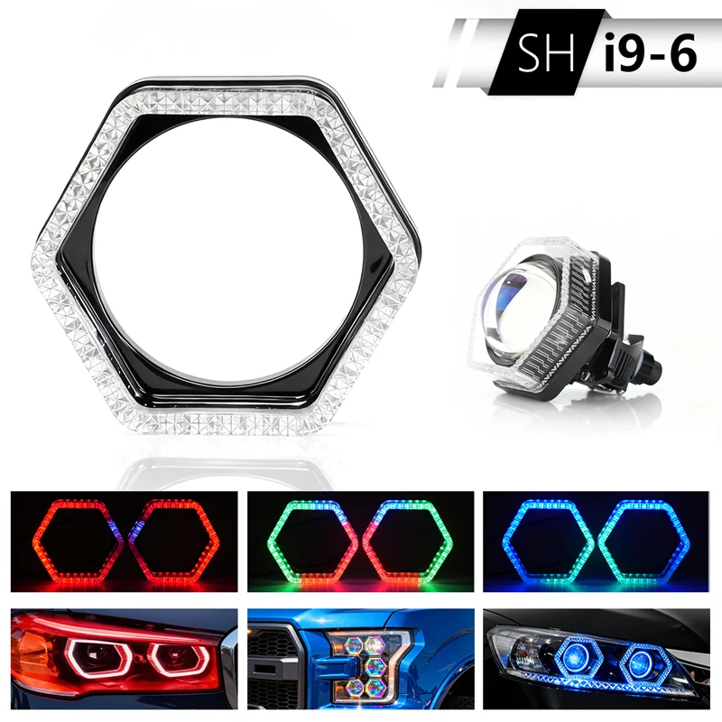 1쌍 5D RGB LED 엔젤 아이즈 헤일로 링 사각형 DRL 커버 (방향 지시등 포함) 앱 제어 헤일로 커버 (자동차 헤드라이트용)
