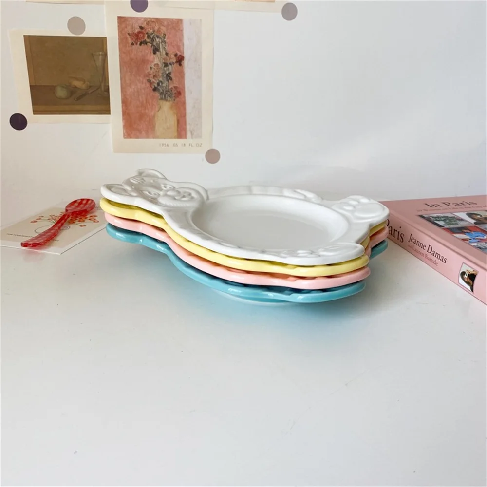 Fruit Plate Ceramic Dessert Plates Cartoon Bear Dessert Plate Bowls Cute Ceramic Dinner Dishes Korean Ins Bear Dessert Flat Soup Bowl Breakfast Salad Fruit Tray