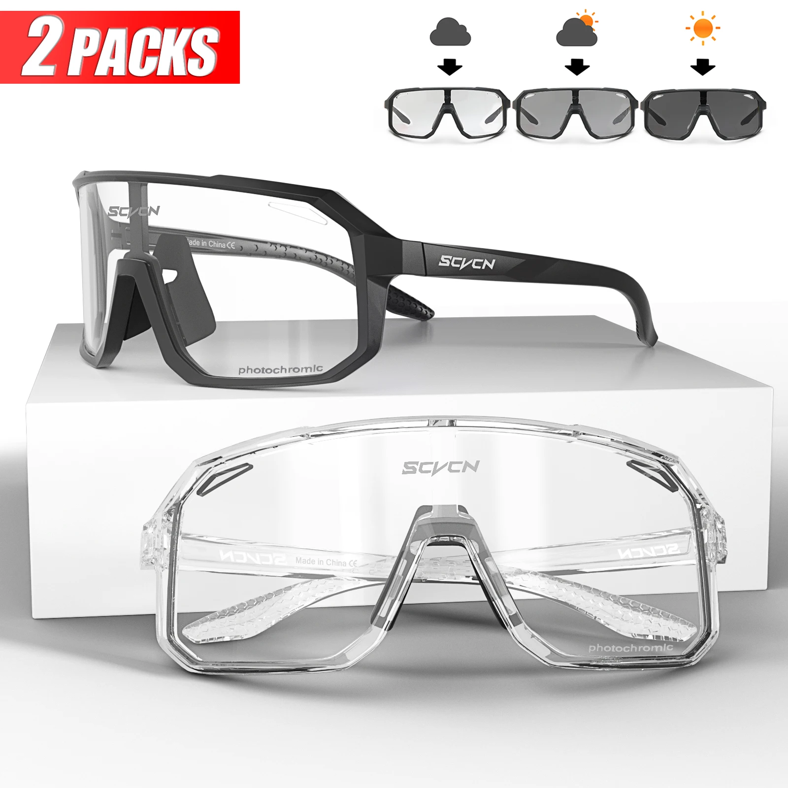 2Packs SCVCN Photochromic Cycling Sunglasses Men Women