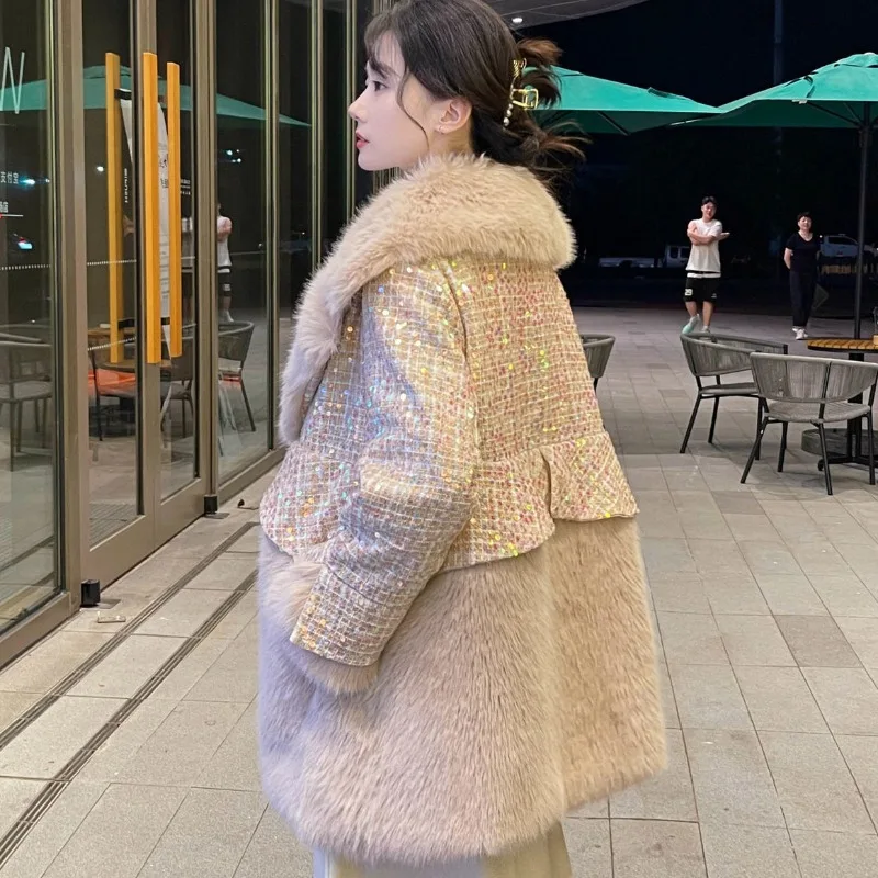 2023 New Women Faux Fur Coat Fashion Patchwork Mid-Length Loose Thick Warm Outcoat Female Temperament Imitation Fox Fur Outwear