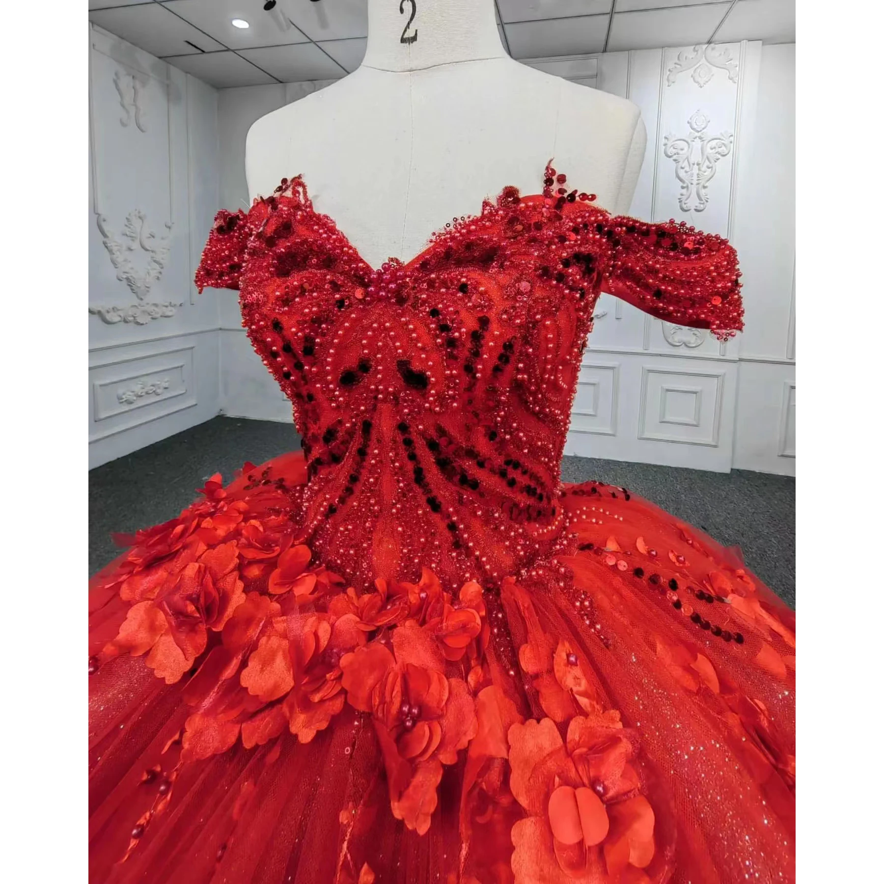 

Real Picture Luxury Red Quinceanera Dresses Ball Gown Appliques 3D Flowers Bead Sequined Vestidos De 15 Años Birthday Prom Dress