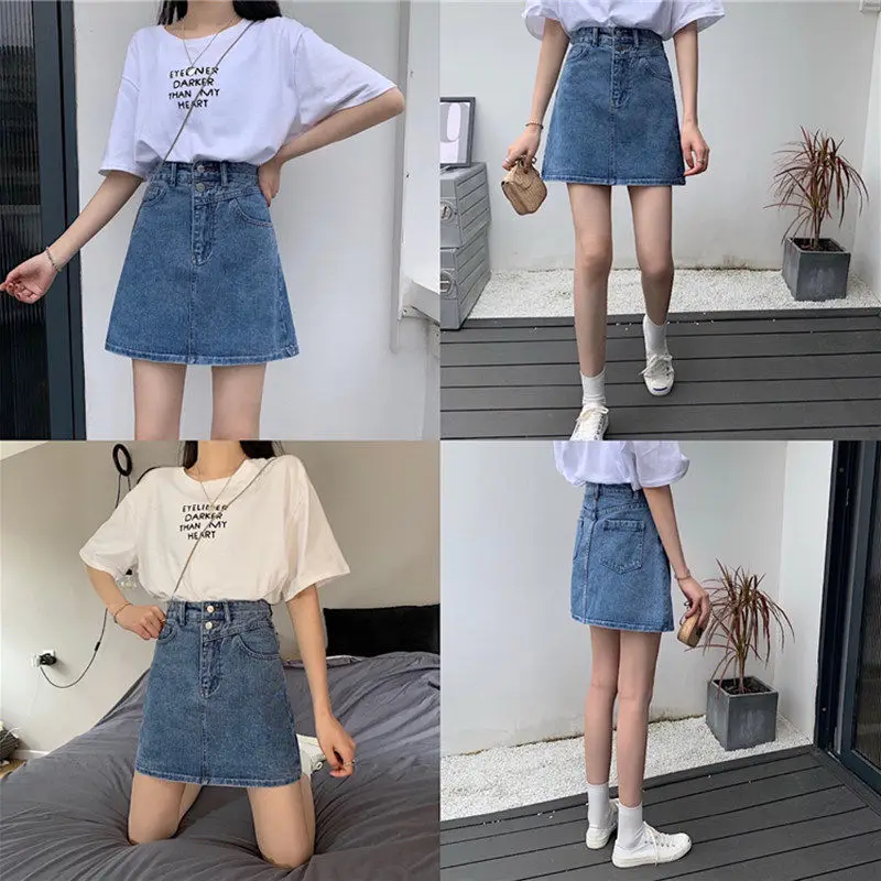 sequin skirt Ailegogo Spring Summer Women Solid Color A-line Washed Retro Denim Short Skirts Streetwear Female Vintage Blue Ins Jeans Skirt ruffle skirt Skirts