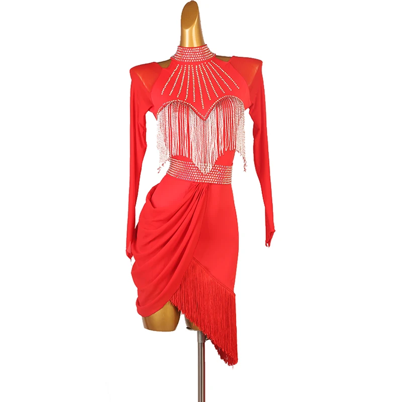 

Высококачественное платье для латинских танцев со стразами, костюм для соревнований, профессиональное джинсовое танцевальное платье для румбы, ча-ча, платье с бахромой