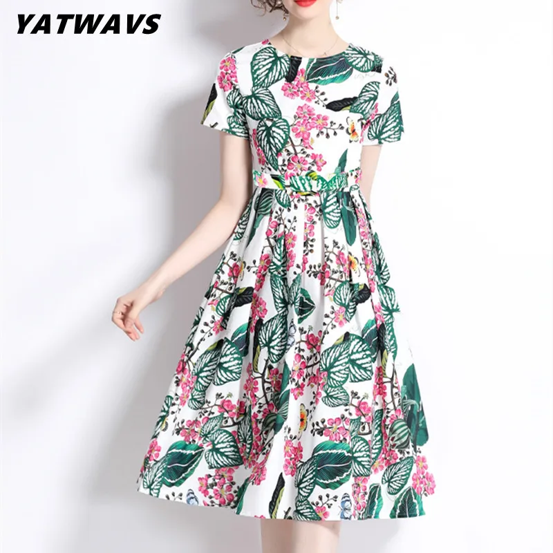 

Fashion Vintage Flower Print Ladies Summer Dress Elegant O-Collar Short Sleeve Women Design Pleated A-Line Long Dresses Belt