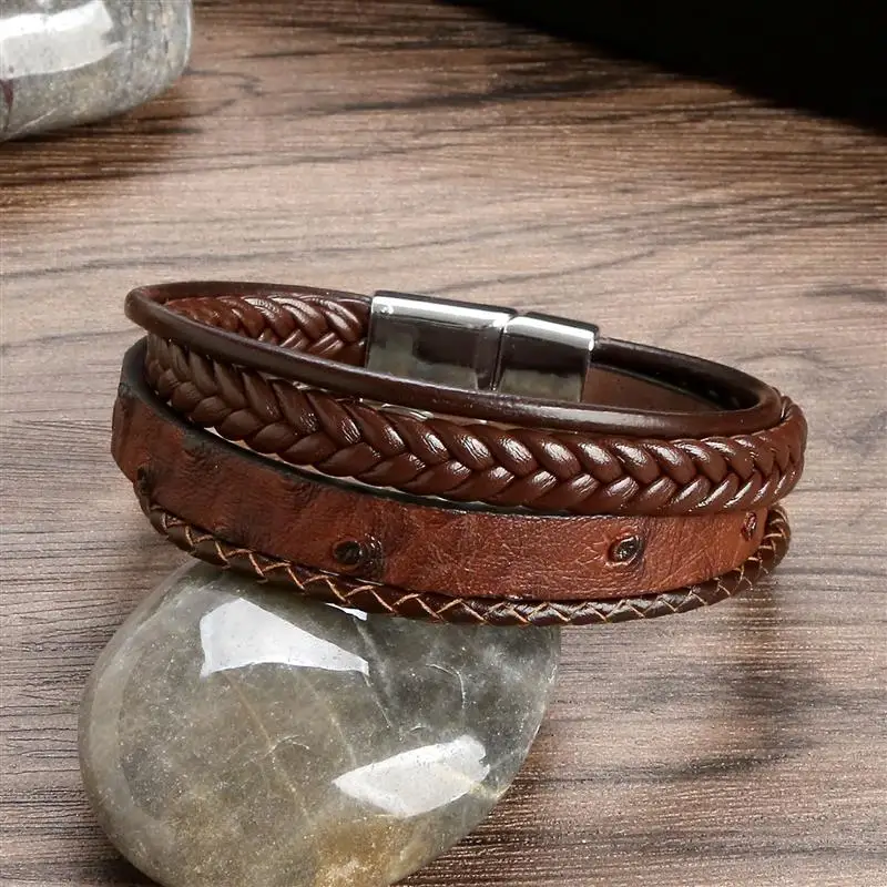 Leather Bracelet Men's Braided Rope Bangle Multilayer Jewelry Wristband