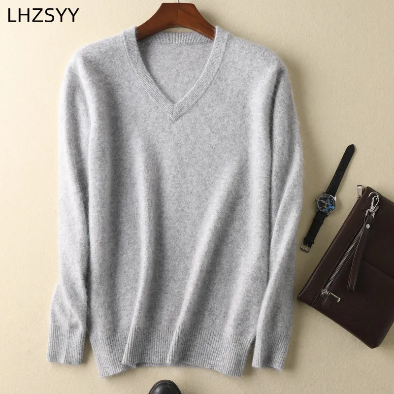 LHZSYY Men's 100% Mink Cashmere Large Size Sweaters Autumn Winter Solid V-neck Casual Knit Pullovers Men Long Sleeve Warm Jumper 4