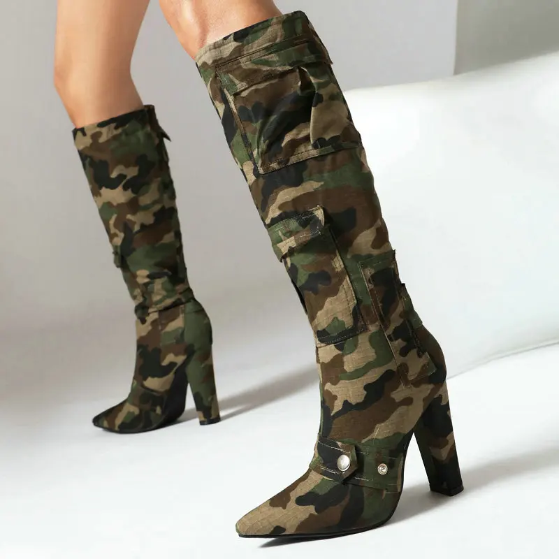 

Army Green Military Design Camouflage Camo Pattern Knee High Winter Shoes With Pocket Block High Heels Jeans Demin Boots Size 47