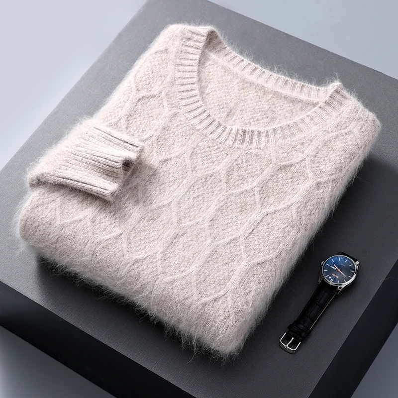 2023 Autumn/Winter New Men's Sweater Round Neck Thickened Mink Cashmere Pullover Jacquard Knit Warm Casual Large Size Loose Tops