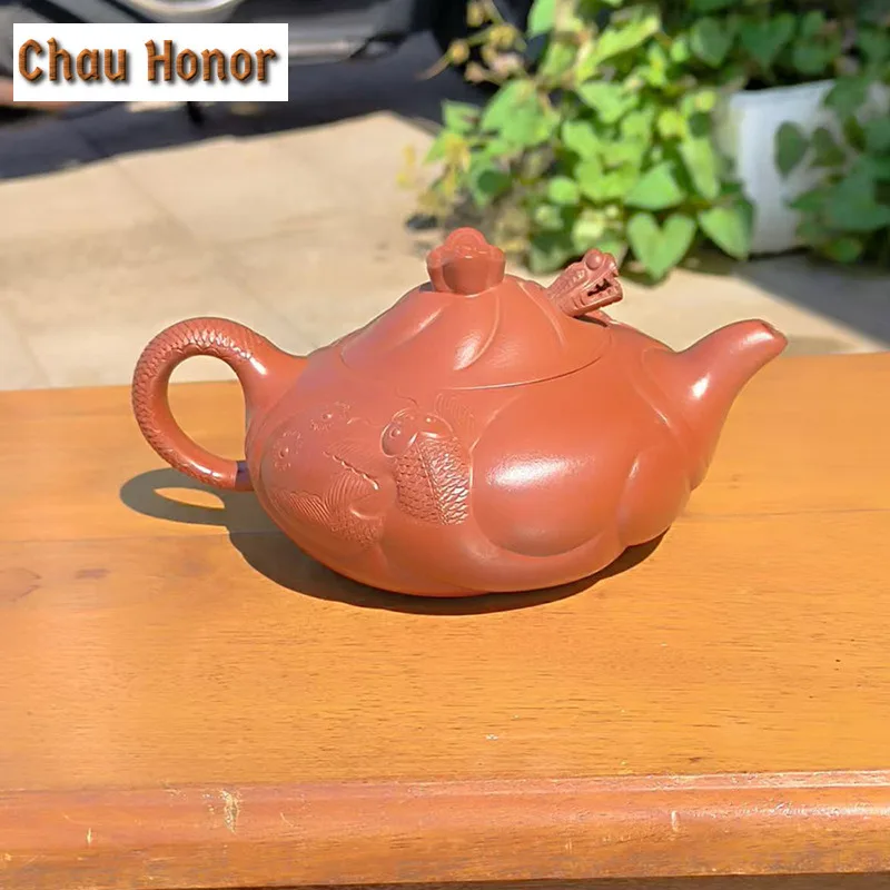 360ml Retro Yixing Purple Clay Teapot Handmade Fish To Dargon Pot Raw Ore Dahongpao Mud Tea Infuser Kettle Chinese Zisha Teaset