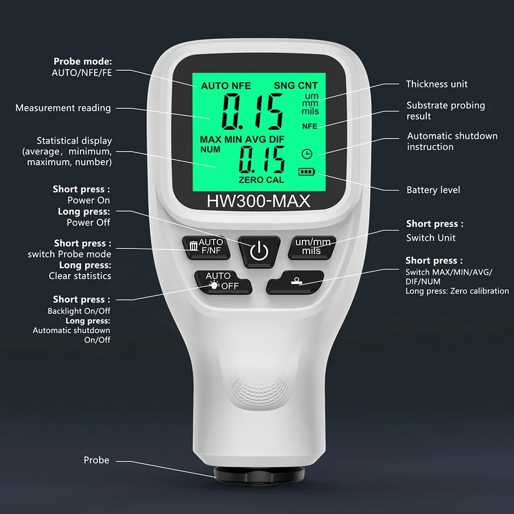 Automotive Thickness Gauge HW-300 PRO MAX Mini Car Paint Thickness Meter Electroplate Metal Coating Thickness Gauge 0-2000UM 5
