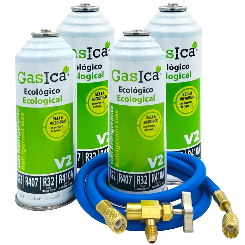 Pack 4 Bottiglie Gas Refrigerante Gas V2 - R22-R32-R407-R290-R410A + 5/16 Tubo Di Ricarica X1/4 + Valvola
