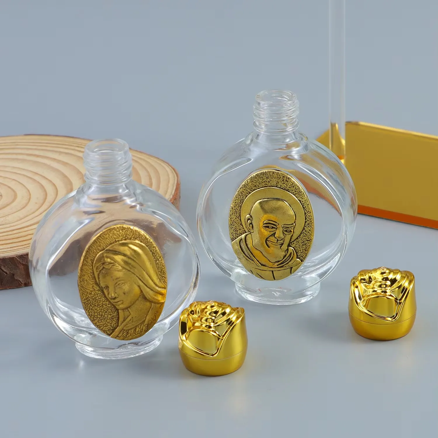 60ml Portable Glass Holy Water Bottle Baptism Religiou Ceremony Church Supplies Gold Color Saint Image Design Export Quality holy water bottle