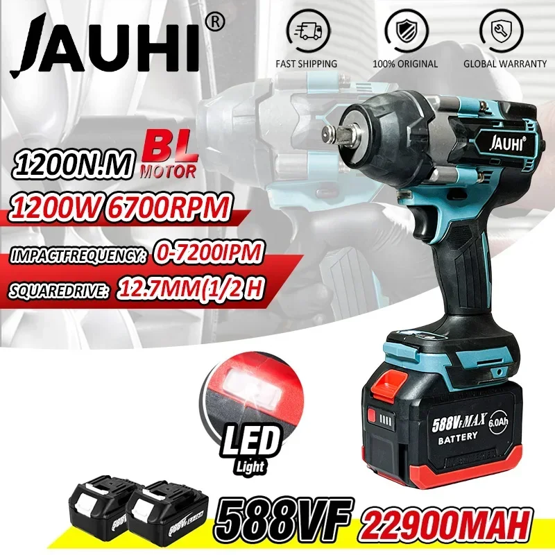 JAUHI 1800Nm Brushless Electric Impact Wrench Cordless Wrench Socket Rechargeable 1/2Inch Li-ion Battery For Makita 18V Battery