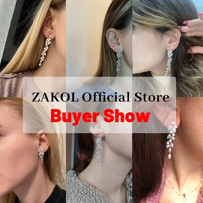 ZAKOL модные длинные висячие серьги с фианитами в виде листьев для женщин, серьги с белыми листьями, свадебные ювелирные изделия, подарки (art.: 7ad031ee6) - 7ad031ee6