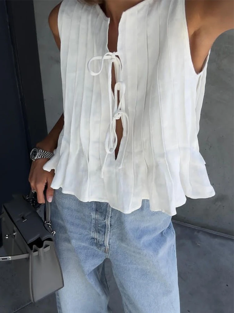 

Chic Solid Lace Up Pleated Vest for Women Sleeveless Bow Knot Tie-Up O Neck Lady Vacation Beach Ruffles Tank Tops Street Club