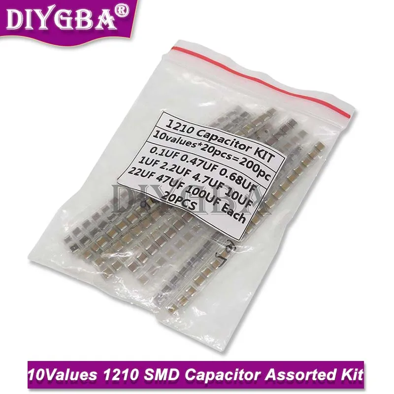 10 Valori * 20 Pezzi = 200 Pezzi 1210 Kit Assortiti Condensatore Smd 100Nf ~ 100Uf Kit Campioni Kit Fai Da Te Elettronico