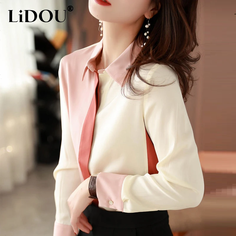 casual blazer womens fashion solid buttons coats office ladies down collar slim outweats female streetwears 5xl Spring Autumn Women's Elegant Fashion Patchwork Buttons Shirt Ladies Loose Casual All-match Long Sleeve Blouse Female Clothes