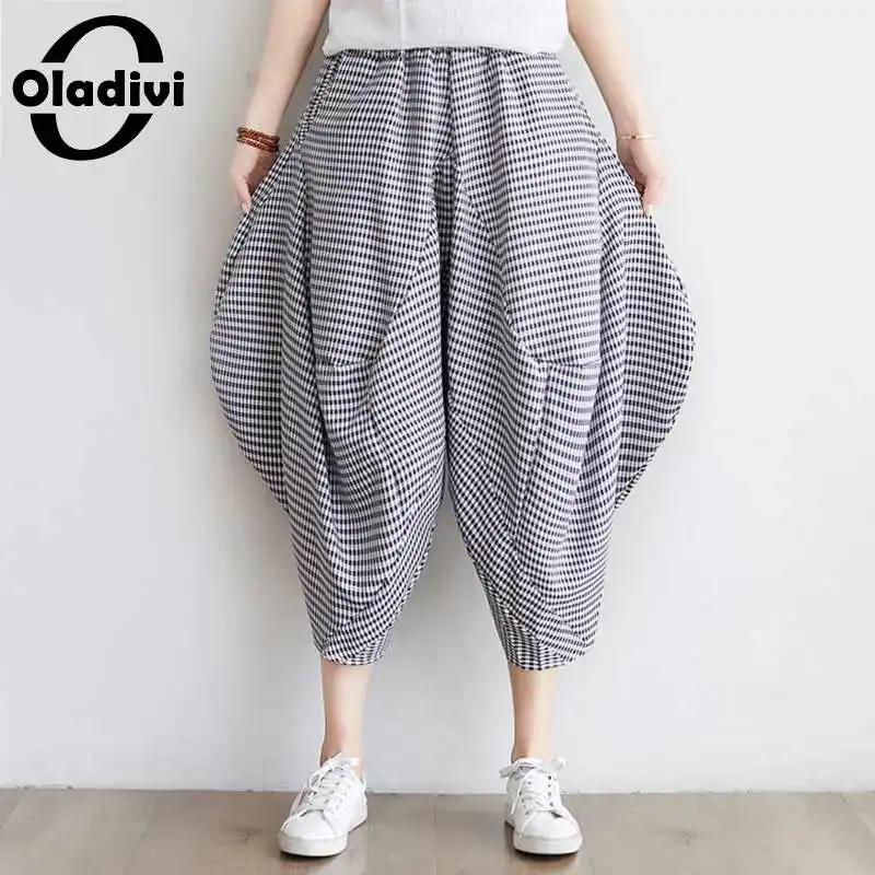 

Oladivi Oversized Wide Leg Harem Pants Women Cotton Linen Plaid Pant 2022 Summer New Capris Casual Loose 3/4 Length Trousers 5XL