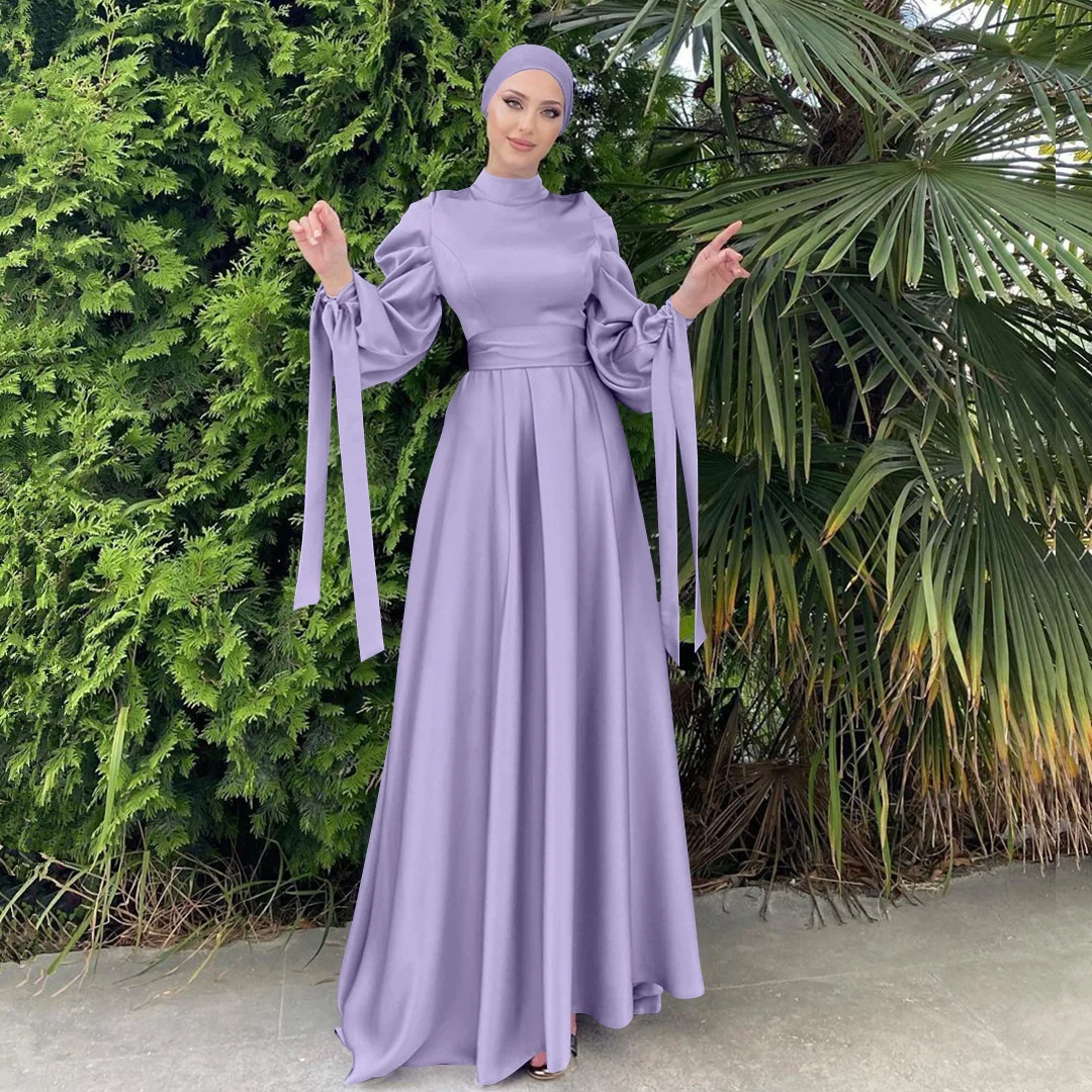 

Muslim Fashion Women Long Islamic Satin Dress Hijab Arabic Abaya Dubai Balloon Sleeve With Ribbon Eid Mubarak Turkish Dresses