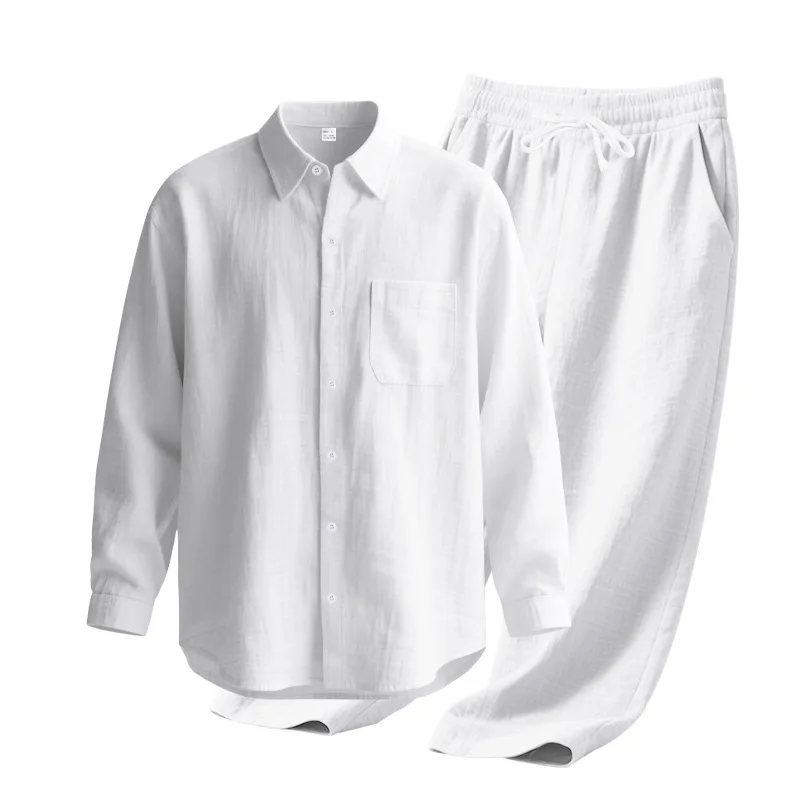 Men's Autumn Loose Trend Linen Solid Color Simple Lapel Long-Sleeved Shirt Beach Trousers Set