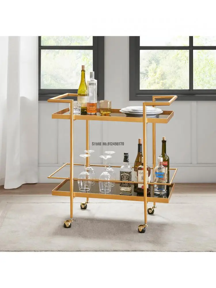 Nordic golden wrought iron dining car two-layer red wine and beverage racks metal storage hot pot shop mobile cart