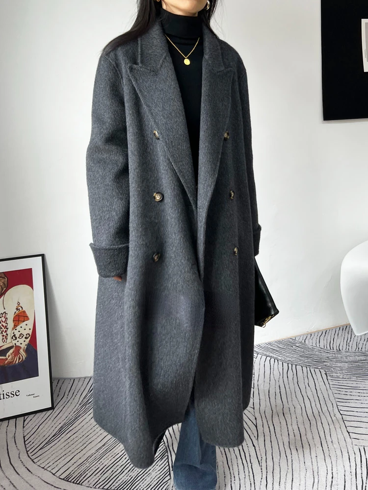 New Gray Simple Double-sided Wool Cashmere Coat Women Lapel Double Breasted Long Sleeve Woolen Coats Fashion Fit Autumn Winter