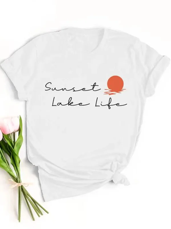 

Sunset Lake Life Casual Slogan Women T-shirt Shoreline The Setting Sun Warm Print Female Shirt Popular Beach Party Girl Tee