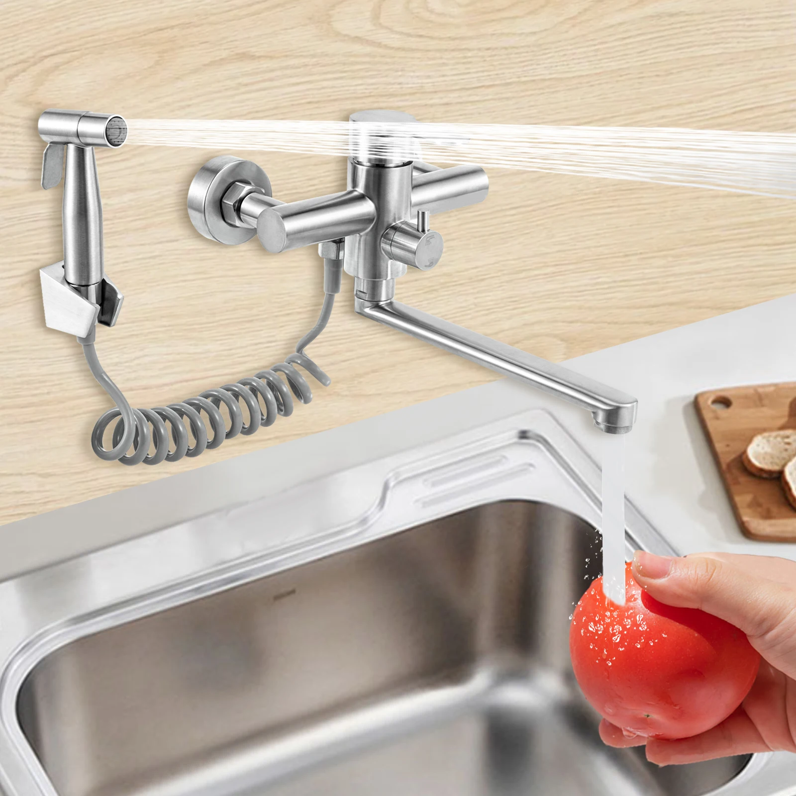 

Kitchen Tap Wall Mounted Wall Sink faucet with Spray Gun and 3 Water Jet Types Kitchen Tap Sink Mixer Tap 360° Rotatable