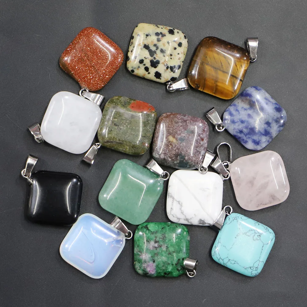 Natural Stone Square Necklace Pendants Crystal Quartz Agates Sodalite Howlite Reiki Charms DIY Jewelry Making Accessories 30Pcs