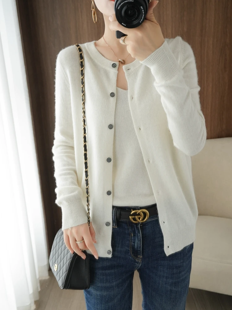 

New Women's O-neck Cardigan Spring Autumn Thin Long Sleeve Pure Color Sweater 100% Merino Wool Knitwear Soft Comfort Clothes