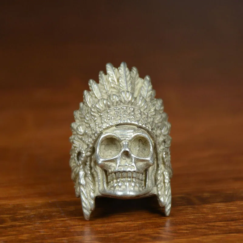 3.5Cm Rare Old China Miao Silver Human Skeleton Skull Head Jewelry Finger Ring