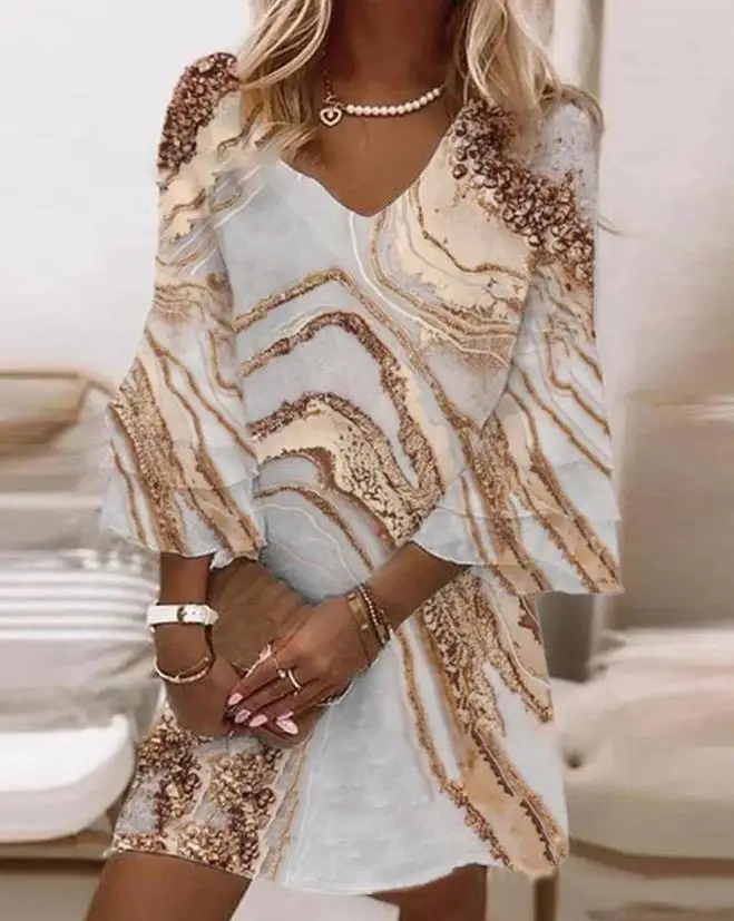 

Women's Quarter Sleeved Straight Dress 2024 Summer Vintage Tribal Print V-Neck Bell Sleeve Casual Dress Daily Vacation Dress