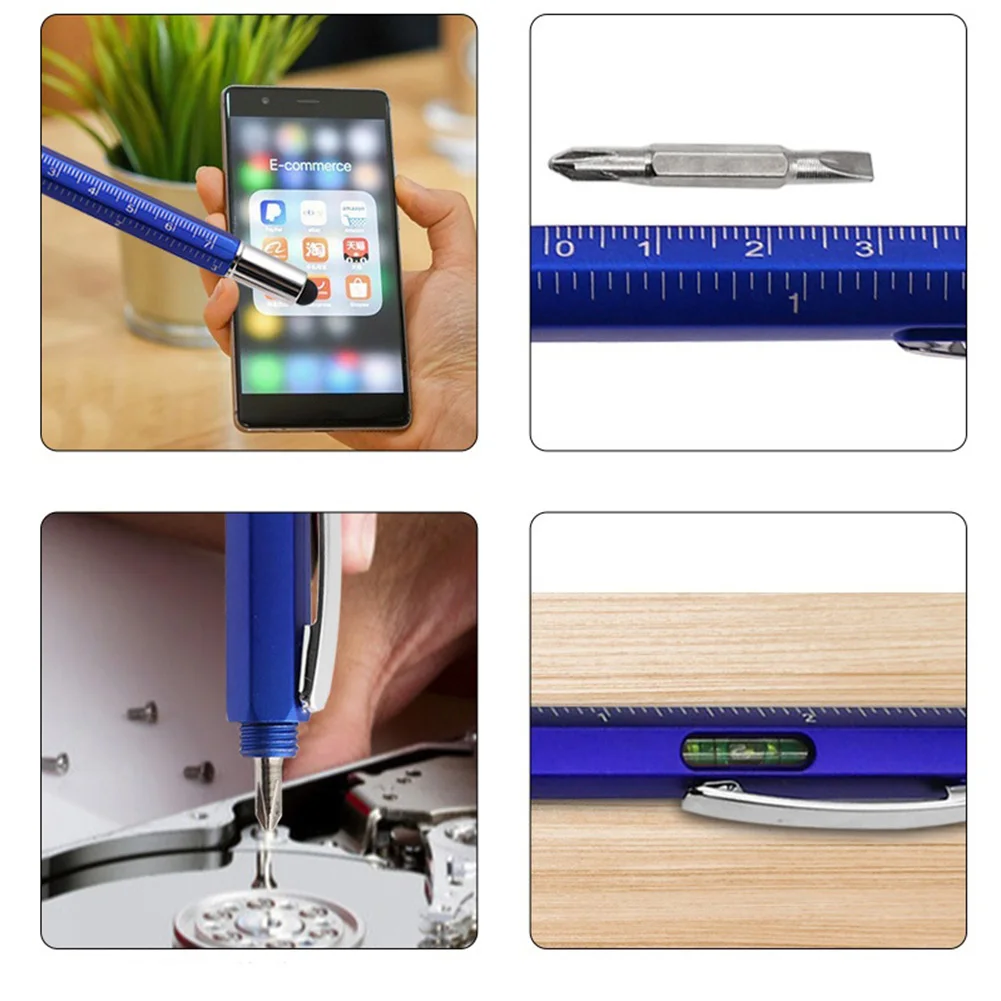Multifunctional Tool Pen Construction Engineers 14.9*1CM 6in1 Metal Soft Rubber TipLevel Scale Touch Screen Bubble Level