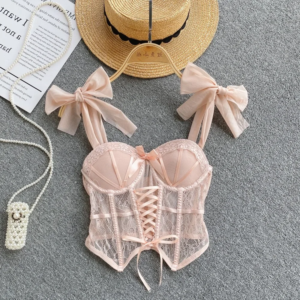 Spaghetti Strap Tank Top for Women Strapless Build in Bra Lace Patchwrok Tulle Bow Camis Summer Casual Female Camisoles women camisole tops
